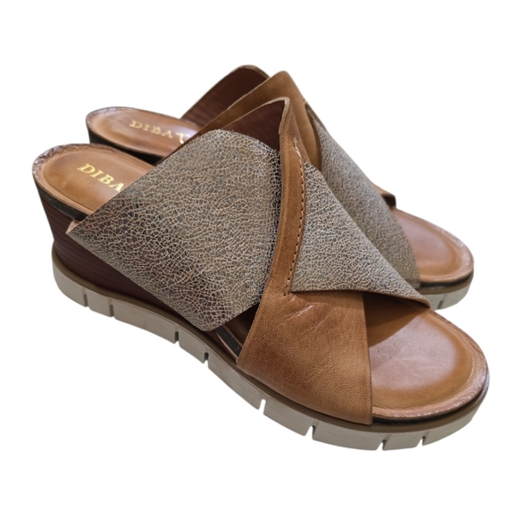 Diba True Shoes - Diba True Leather Beachy Keen Wedge Sandals Brown Metallic Gold 10